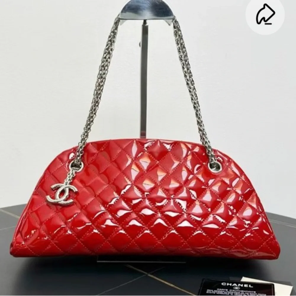 CHANEL Just Mademoiselle Quilted Patent Leather Bowling Bag | Red| Authentic
